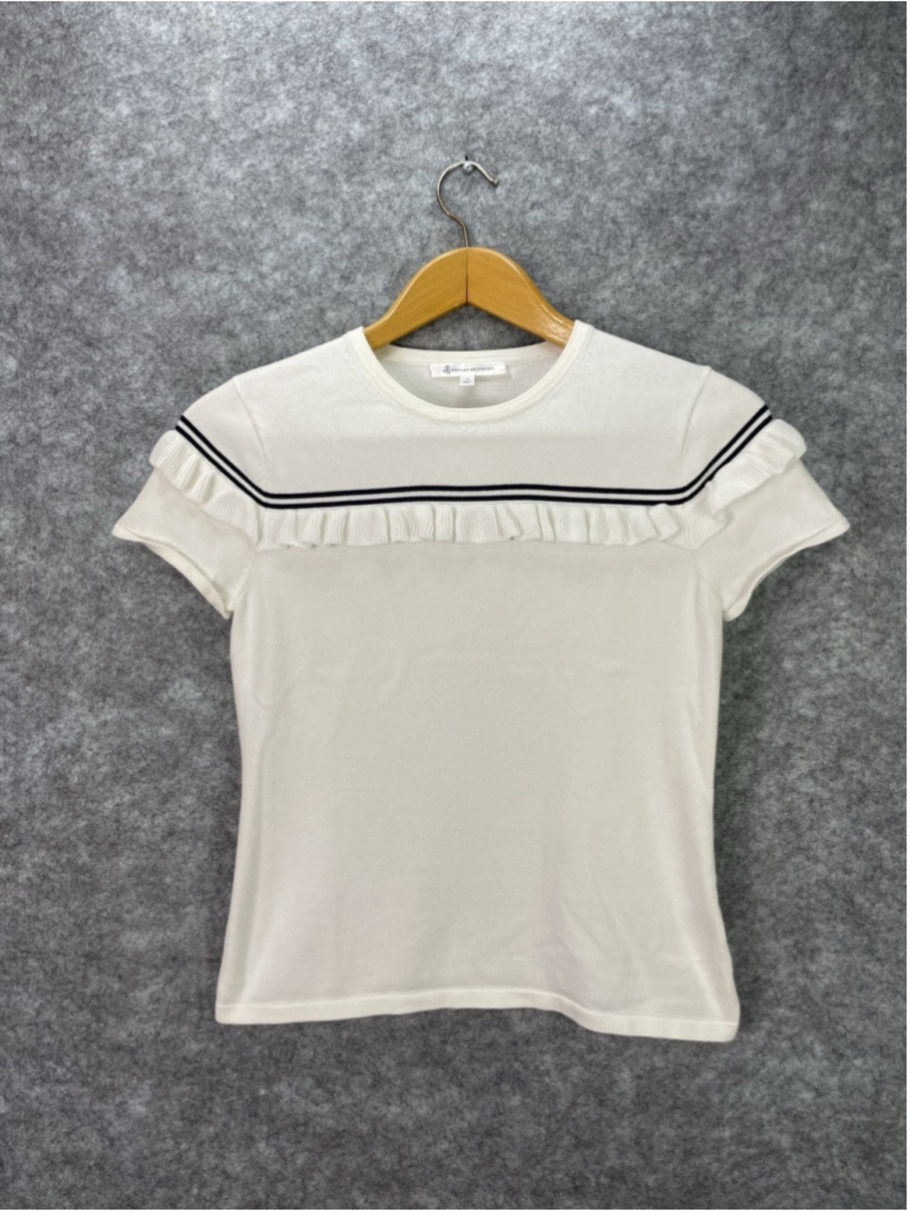 Brooks Brothers Shirt Womens Medium White Ruffle Stripe Short Sleeve Cotton Top